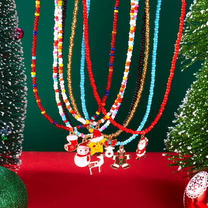 Christmas Cartoon Santa Bell Snowman Snowflake Pendant Colorful Seed Bead Necklace for Women